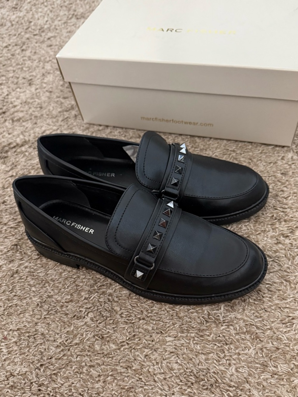 Marc Fisher Women’s Black Studded Strap Leather Loafers
